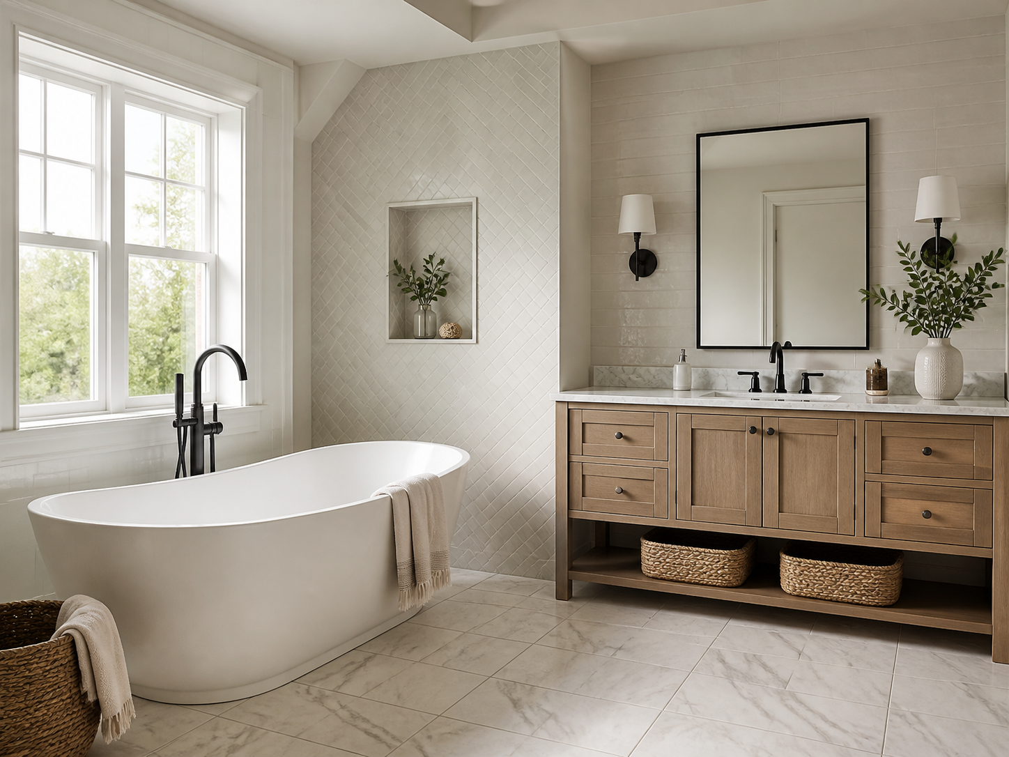 Bathroom tile installation with freestanding bathtub in West Yarmouth, Massachusetts