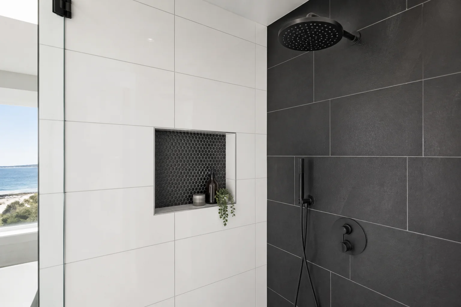 Finished bathroom tile covered by Tile of America workmanship warranty