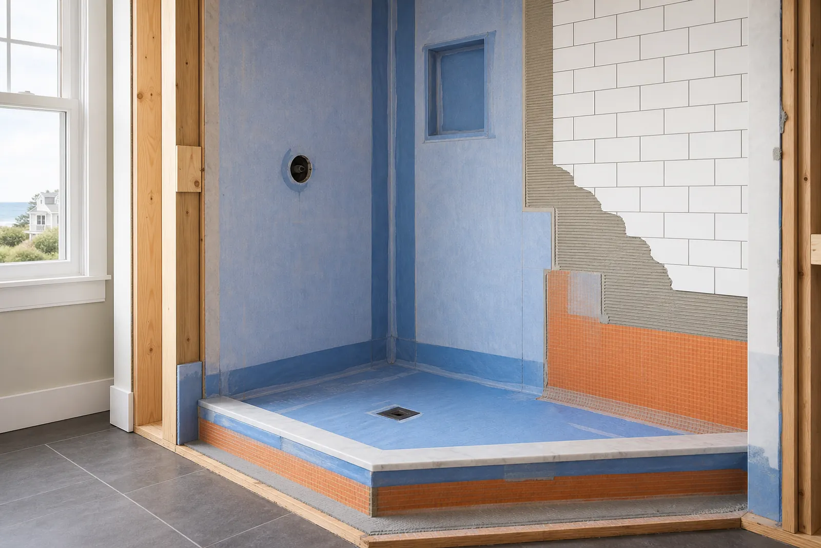 Coastal shower waterproofing installation on Cape Cod