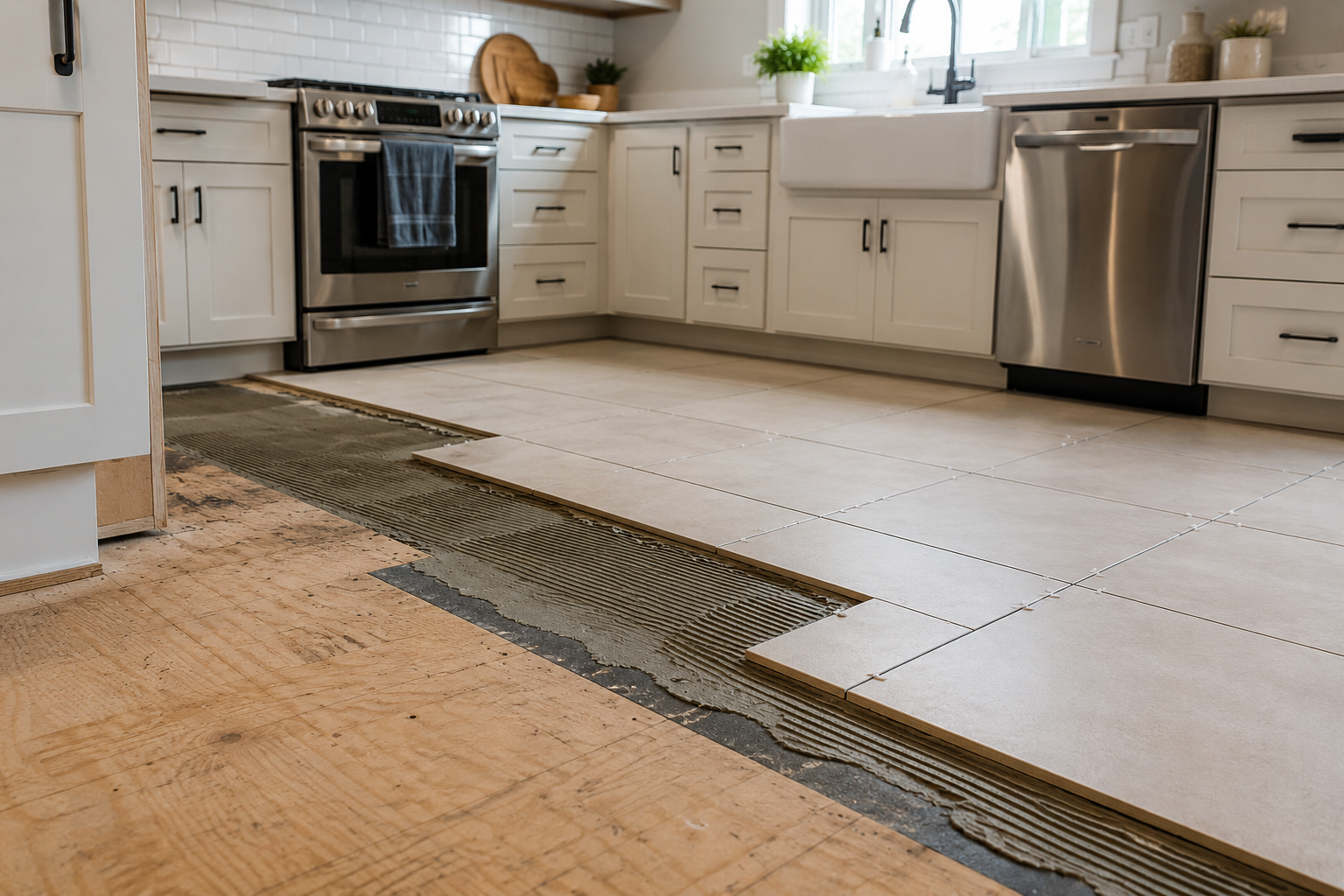 Kitchen tile floor installation and subfloor preparation in West Yarmouth, Cape Cod