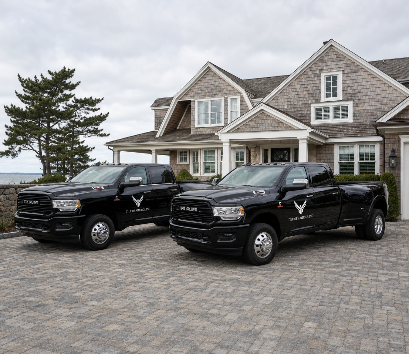 Two black Tile of America RAM service trucks serving West Yarmouth and Cape Cod