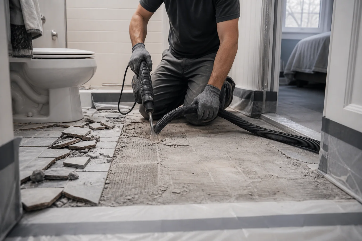 Tile removal and substrate preparation for a Cape Cod bathroom remodel